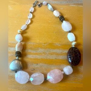 Silpada  rose quartz Pearl necklace boho carved palm wood N1819